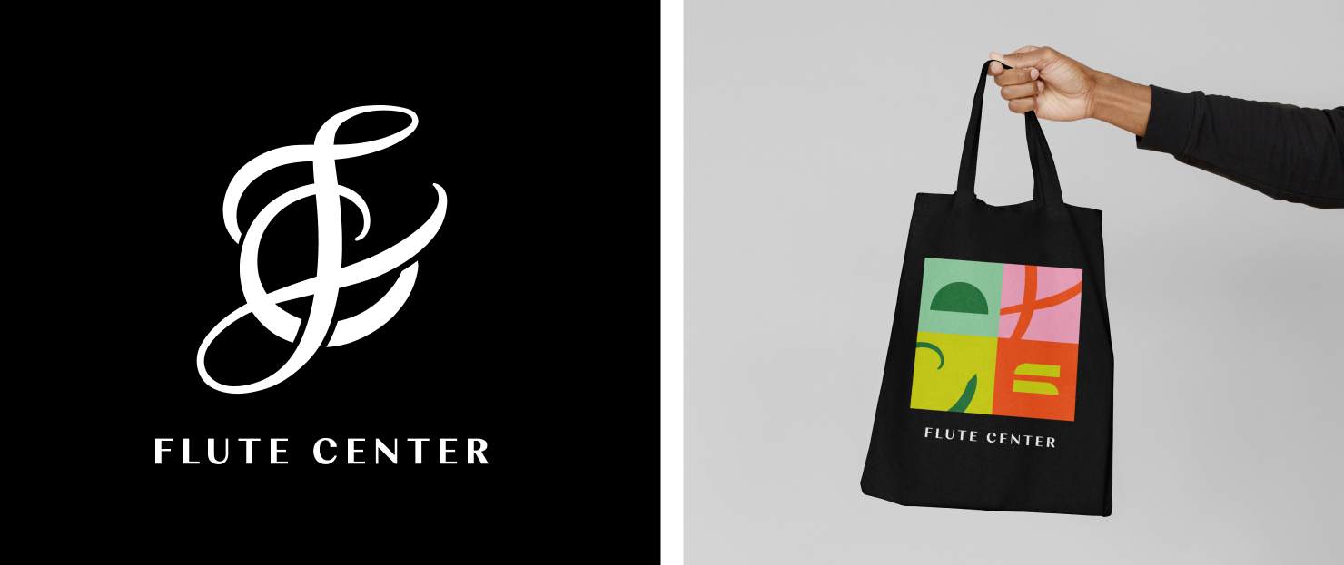 Brand logo on a black background and arm holding a black tote bag with the brand identity