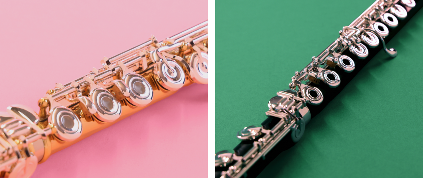 Two photos of flutes on pink and green backgrounds