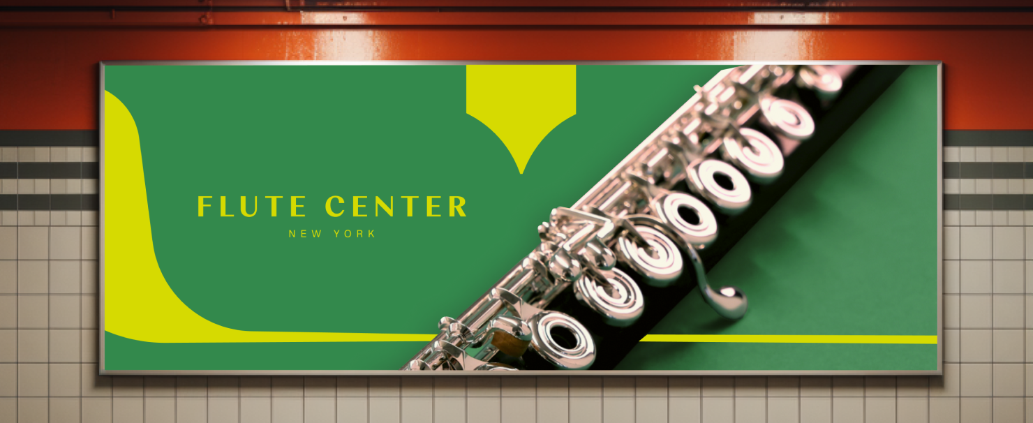 Brand advertisement poster on a subway wall displaying a photo of a flute and brand logo 