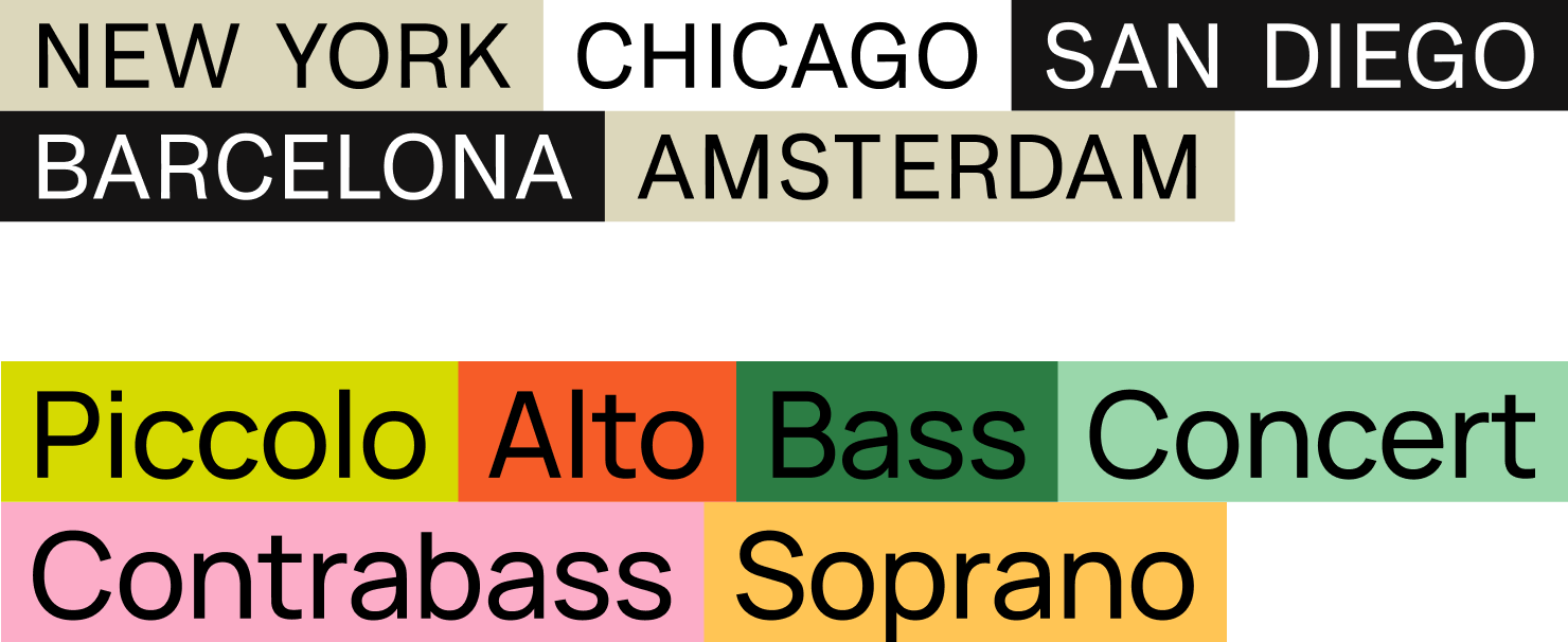 Typographic composition displaying words related to flutes and the brand
