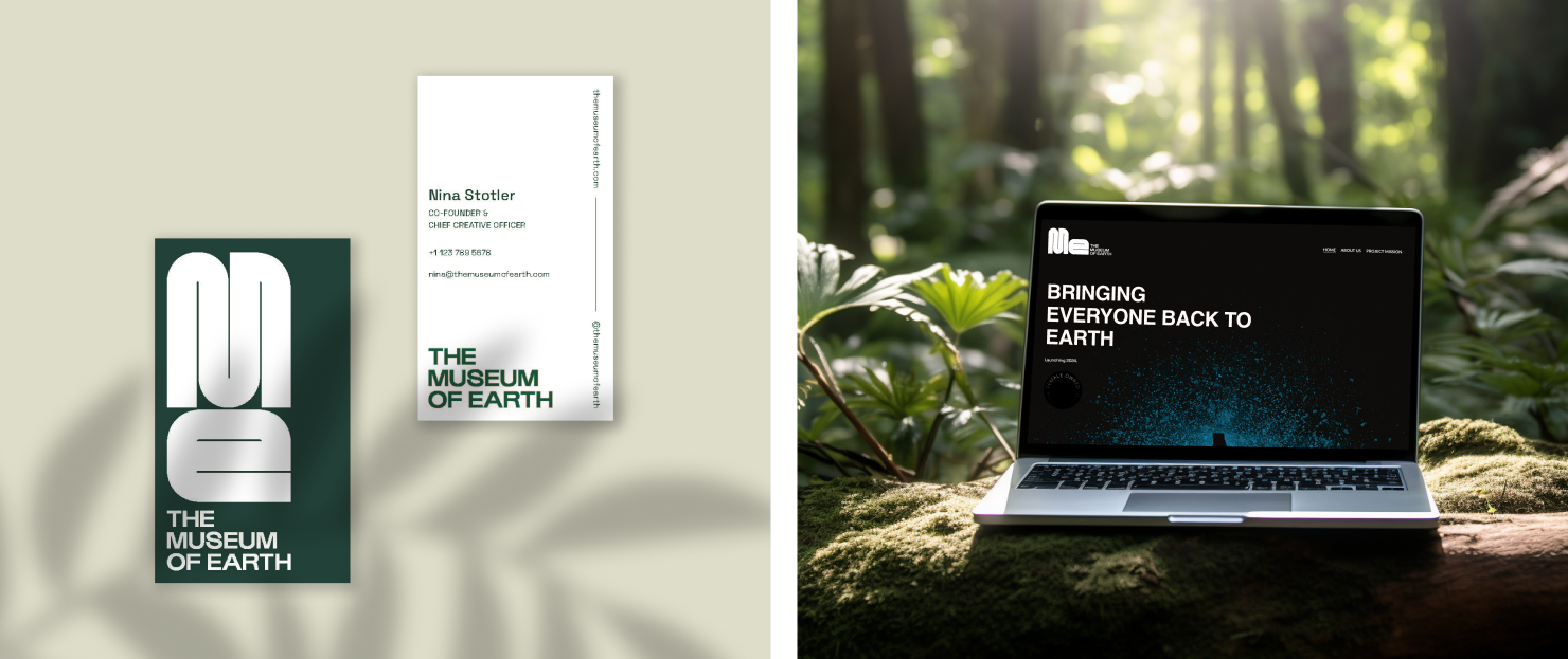 Two business cards on a beige surface and a laptop displaying website design on a log in the forest 