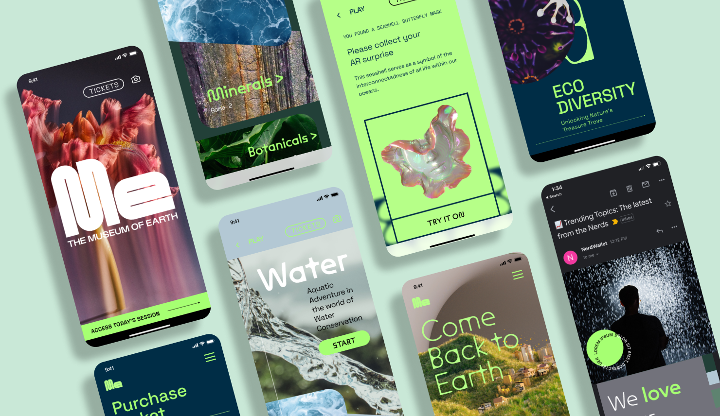 Mobile screen designs of the website arranged on a green background