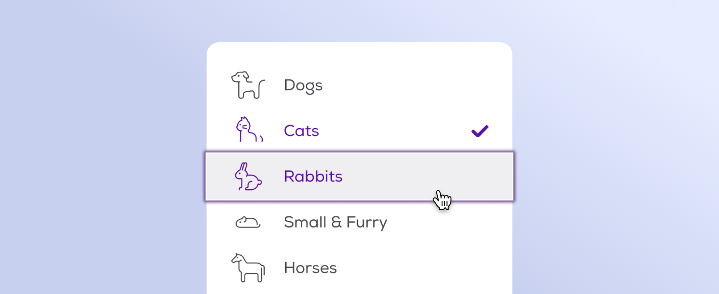 Dropdown menu on the website showing different categories of animals
