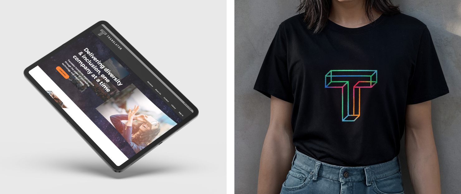 Tablet on a white surface displaying the website design and woman wearing a black t-shirt with the brand logo