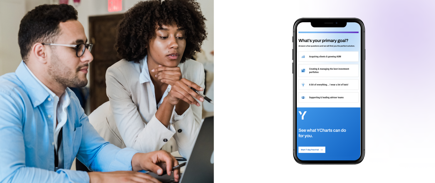 Two people pointing at a laptop screen and mobile device displaying website's homepage design 