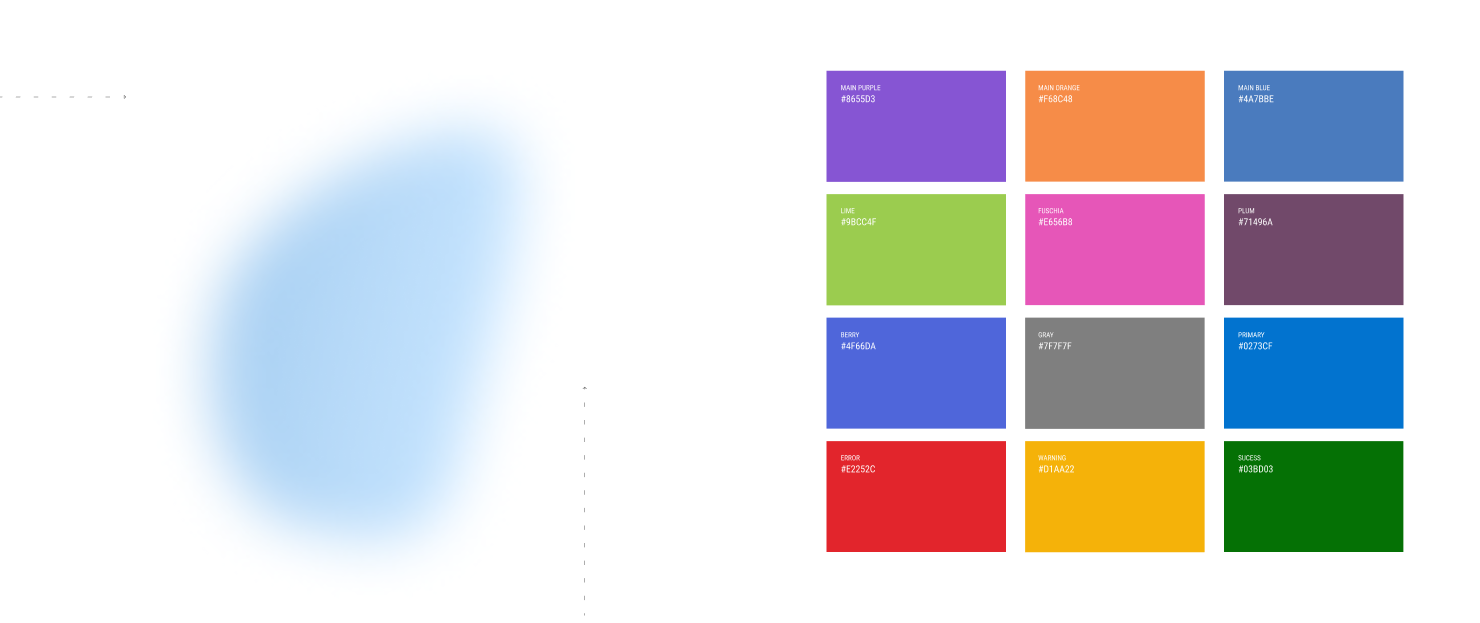 Twelve rectangles colored according to the color palette and an abstract blue shape used as a graphic element