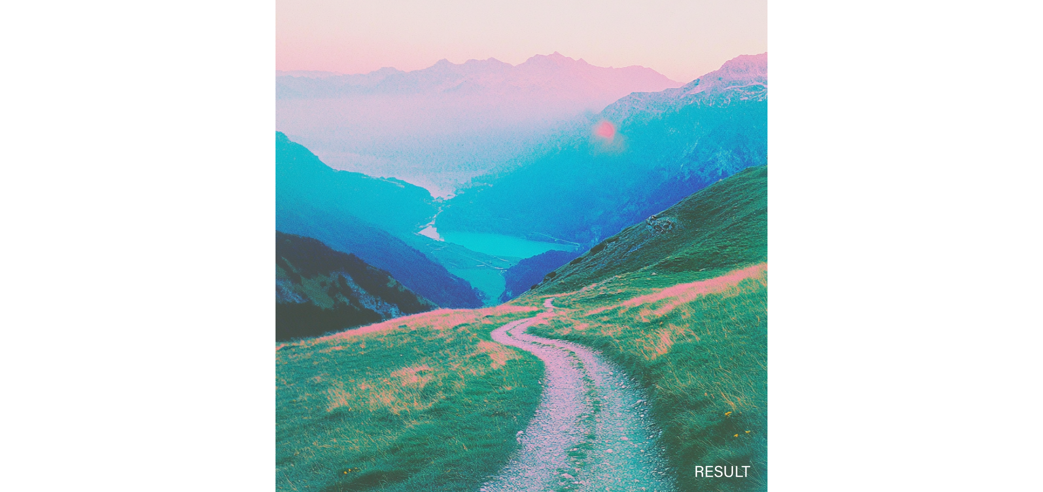 A mountainous landscape where calm and quiet reign in pastel pink and lilac tones