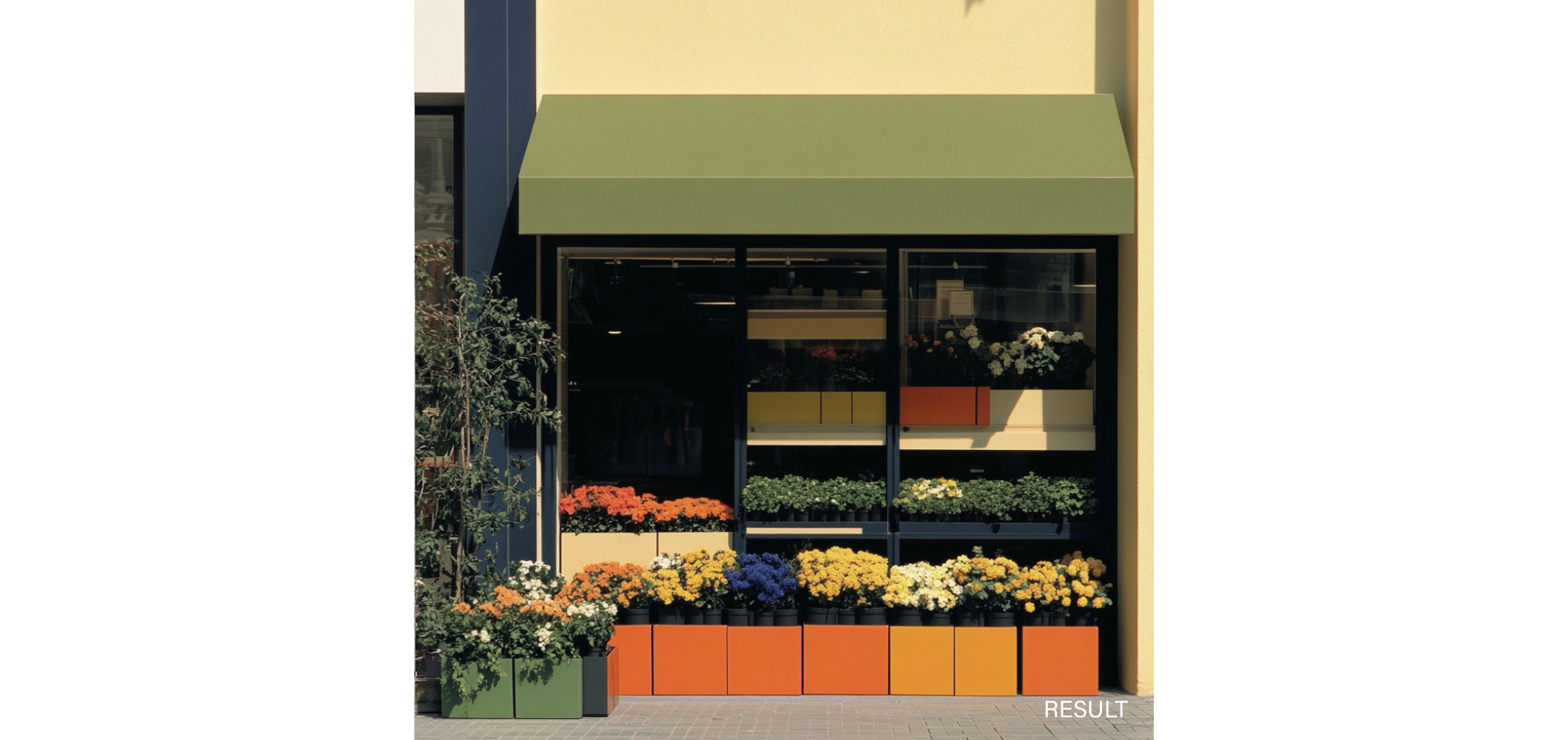 Photo of a flower shop in green, blue, red and beige tones