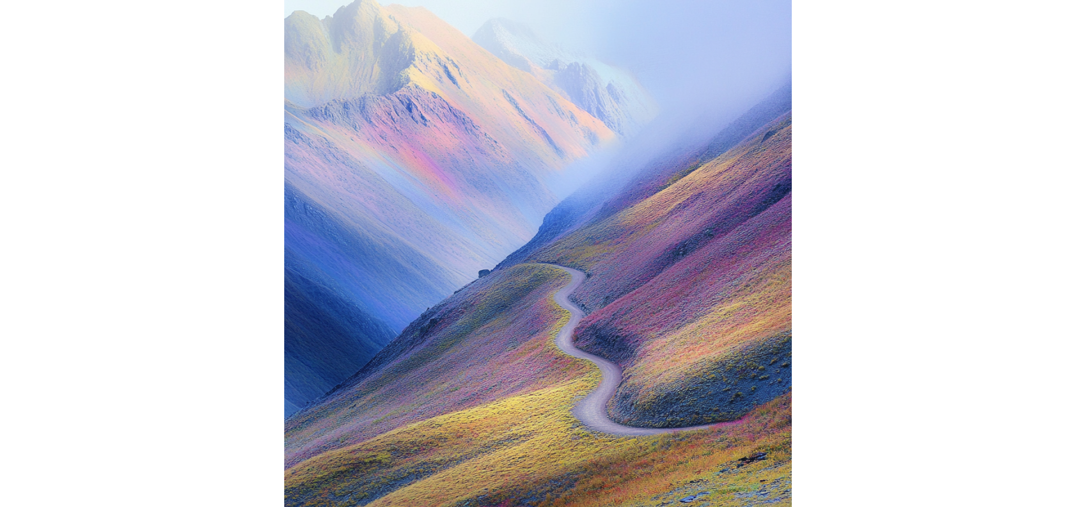 A mountainous landscape where calm and quiet reign in pastel pink and lilac tones