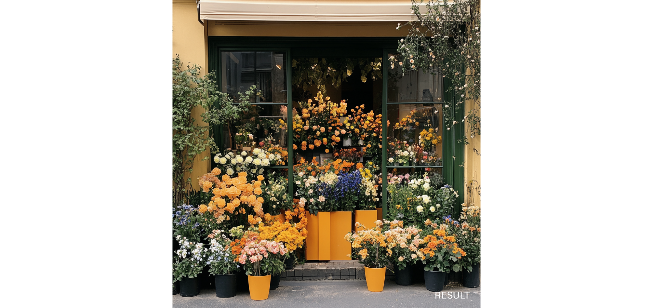 Photo of a flower shop in green, blue, red and beige tones