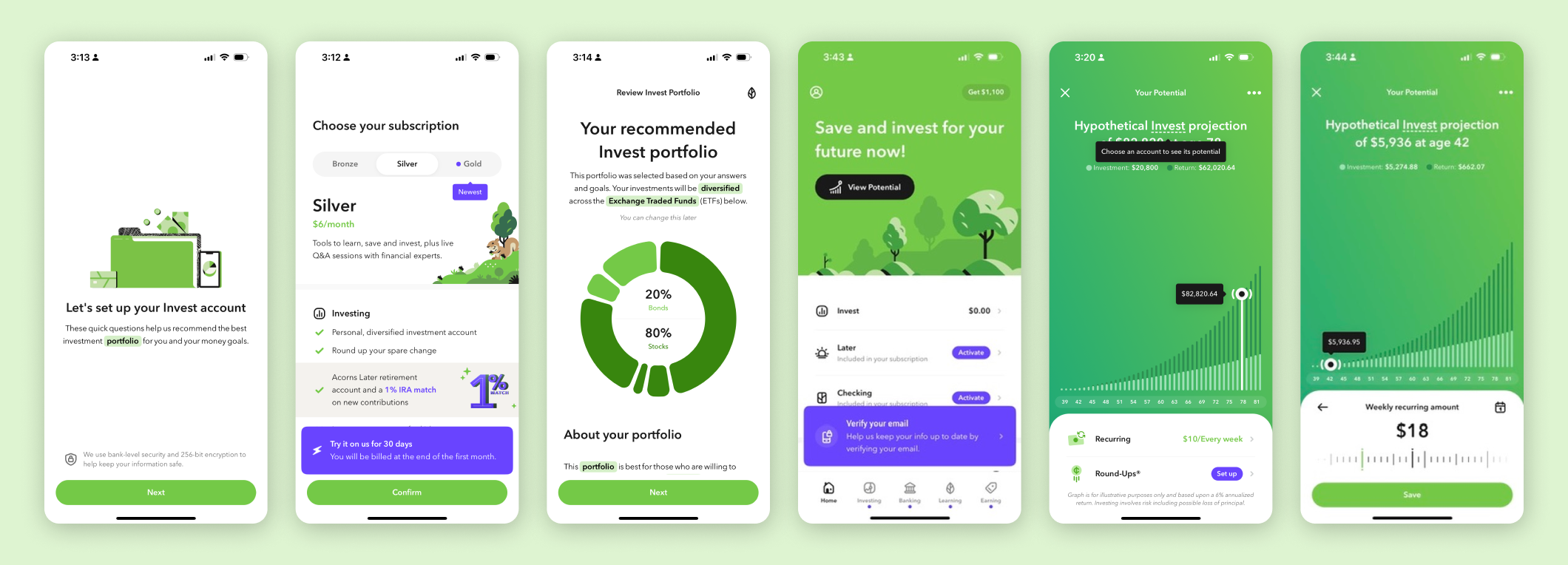 Key screens from Acorns app