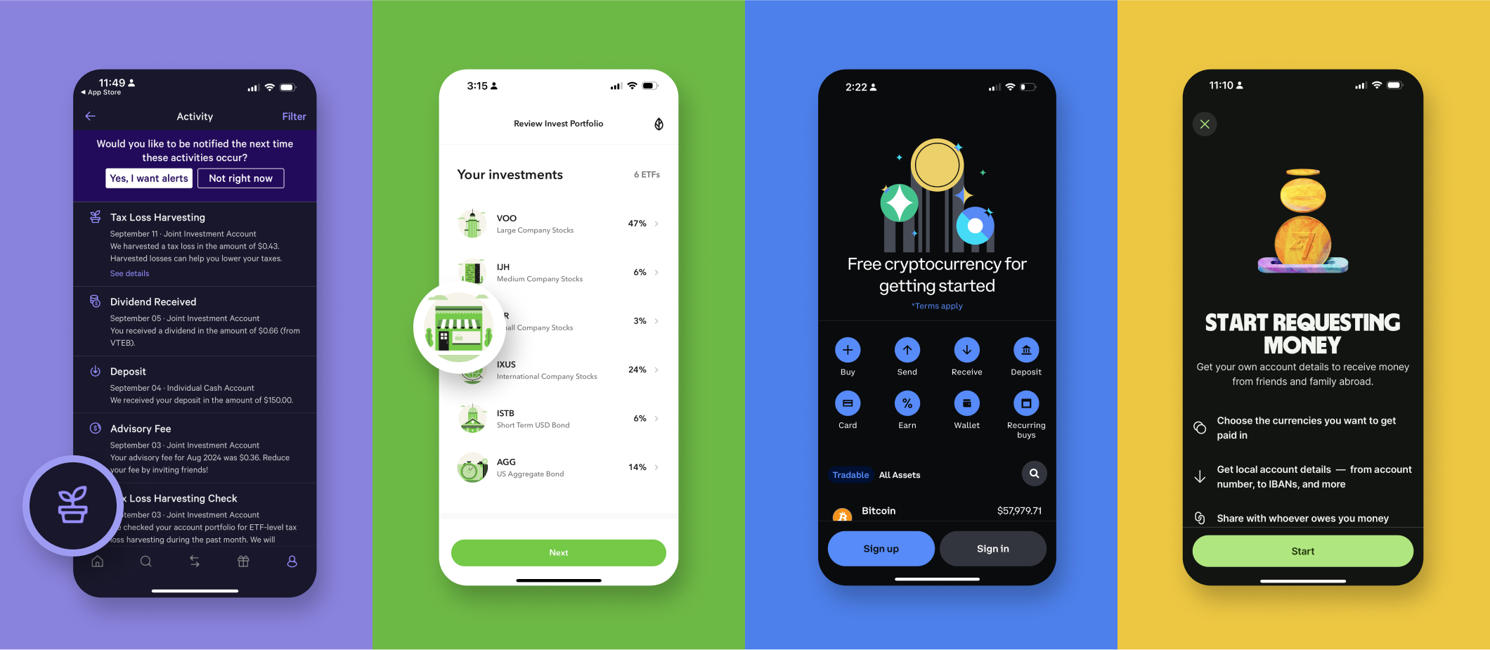 Screenshots from Wealthfront, Acorns, Coinbase, and Wise apps