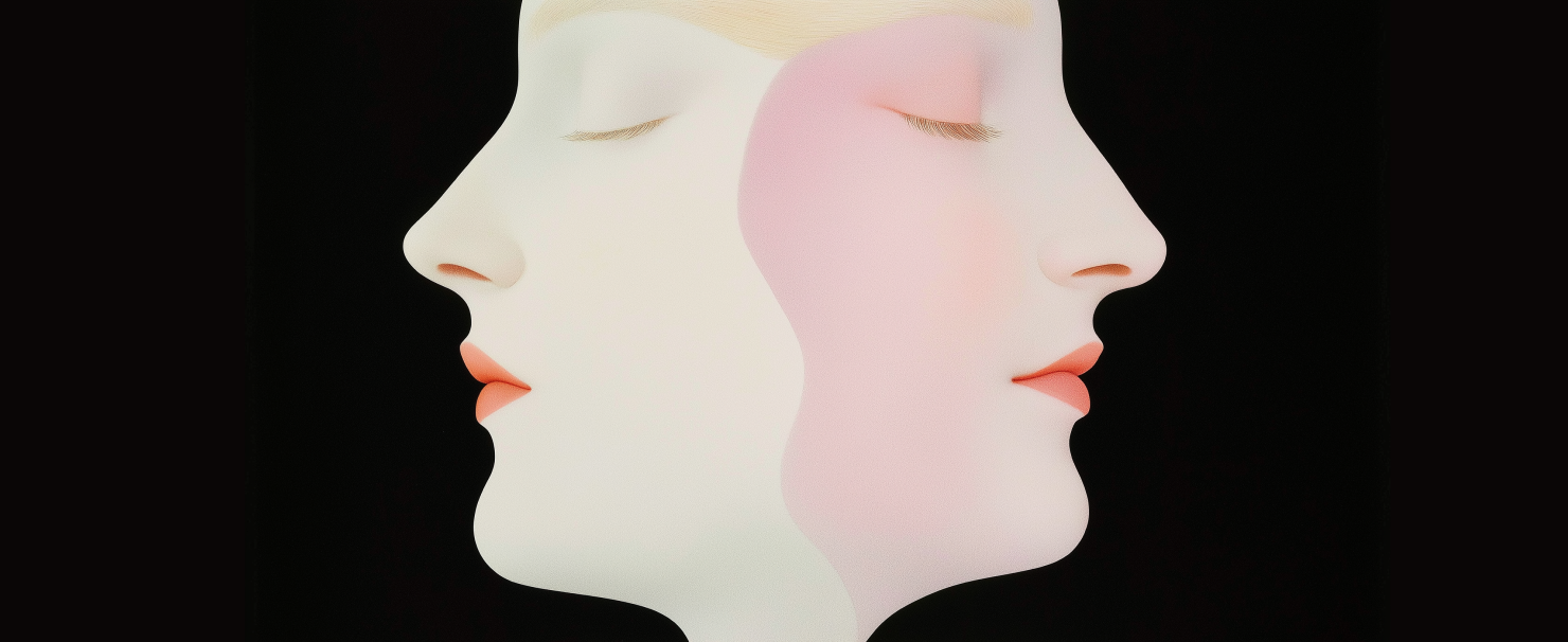 two faces looking in opposite directions, merged into one