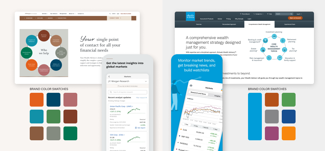 J.P. Morgan Wealth Management and Charles Schwab website and app store imagery