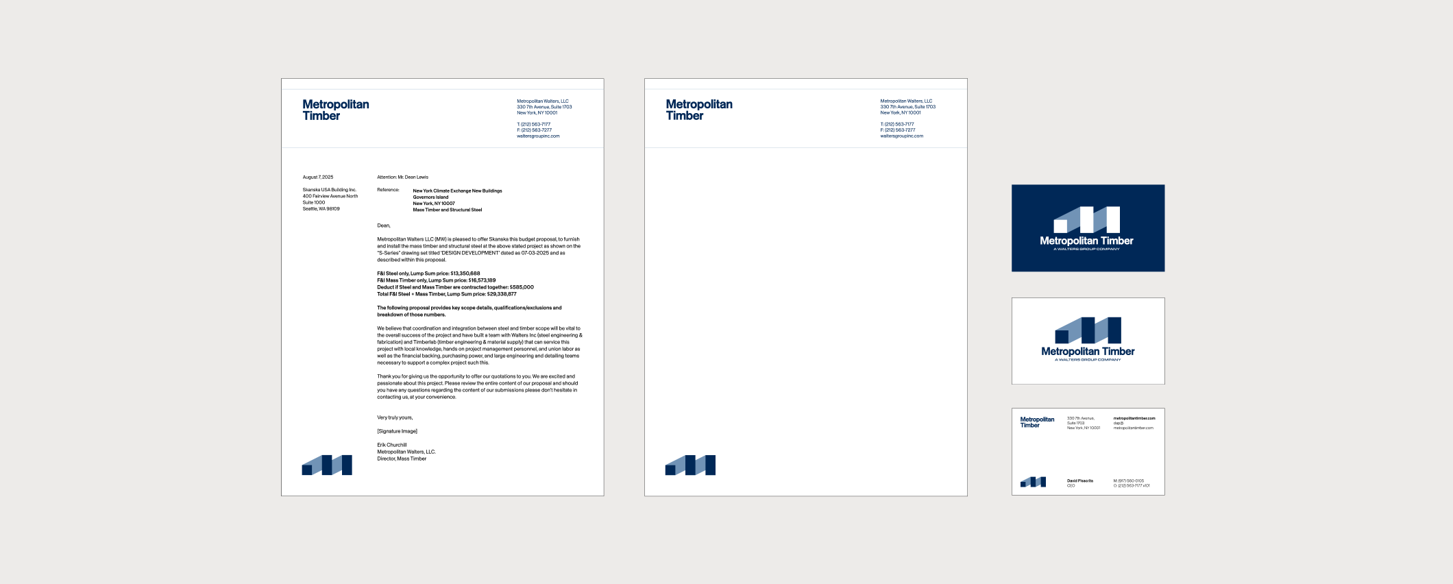 Metropolitan Timber letterhead and logo collateral on light gray background