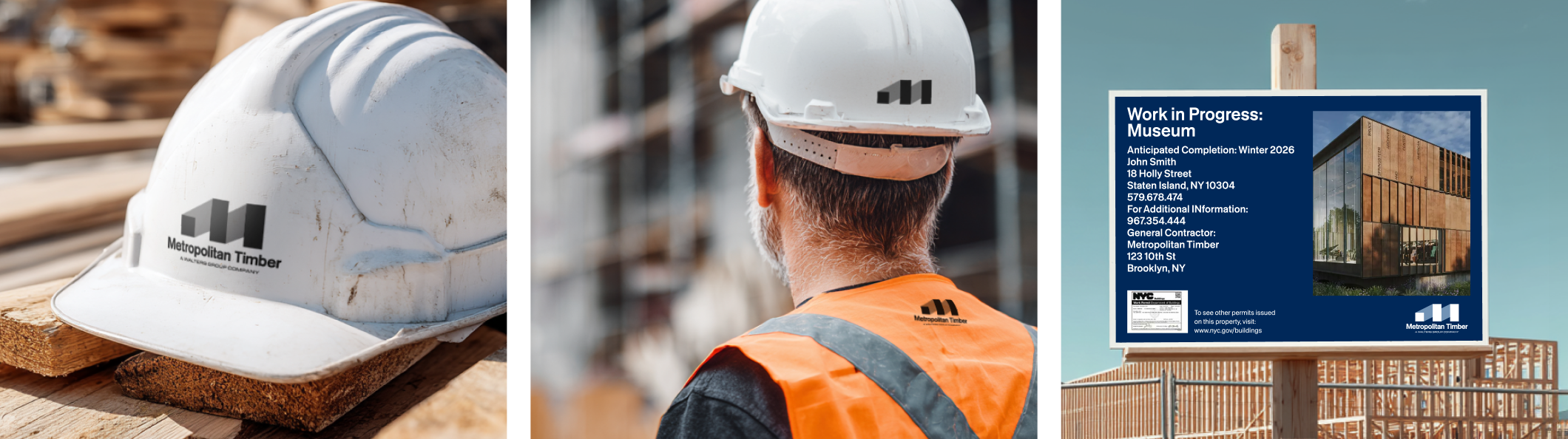 Metropolitan Timber logo applied to construction hard hat and job site signage board